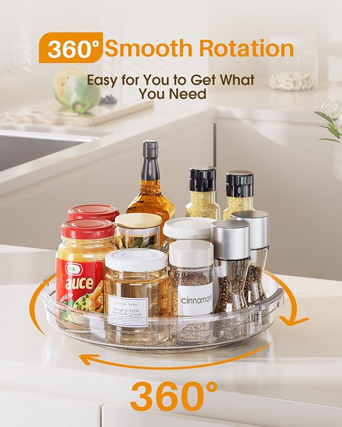 LAMU 2 Pack 10.6in Lazy Susan Organizer Turntable for Cabinet, Clear Lazy Susan for Refrigerator Rotating Organizer for Fridge, Kitchen, Pantry, Countertop, Bathroom, Medicine Cabinet Organizer