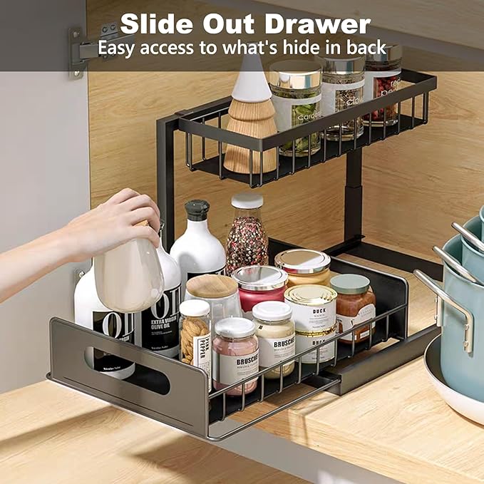 2 Tier Under Sink Organizer, Storage for Kitchen Bathroom,Pull Out Cabinet Organizer Slide Out Sink Shelf Cabinet Storage Shelves (Black, 1 Pack)