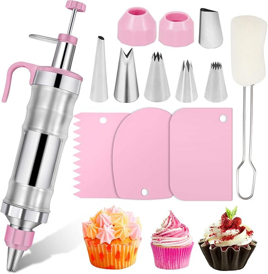 Dualshine Pink Cake Decorating Kit - 6 Russian Piping Icing Nozzles, 3 Cream Scrapers, Stainless Steel Cupcake Frosting Filling Injector