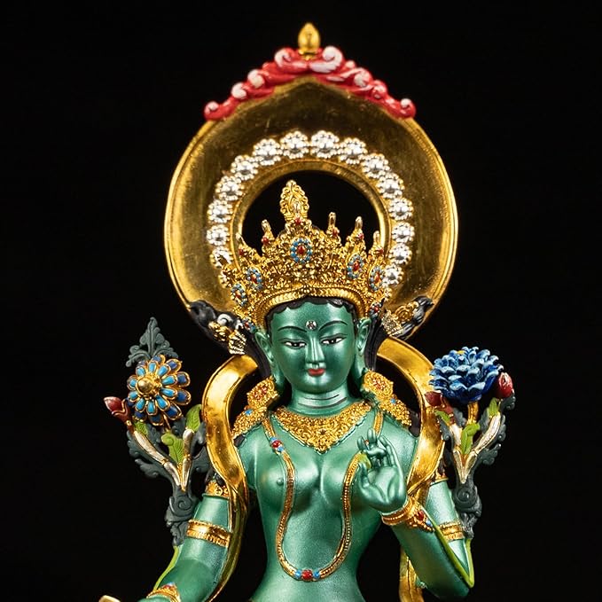 Buddha Statue Indoor, Green Tara Buda Sculpture for Home Decor, Hand-Painted Colored Buddhist Budda, Nepalese Craft Handmade Tibetan Buddhism Meditation Copper, 5.51"