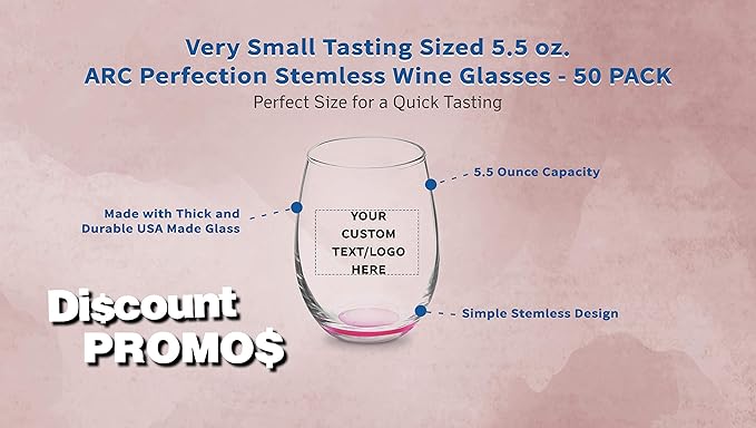 Custom Stemless Wine Glasses by ARC 5.5 oz. Set of 50, Personalized Bulk Pack - Perfect for Hotel, Bar, Restaurant or Lounge - Pink