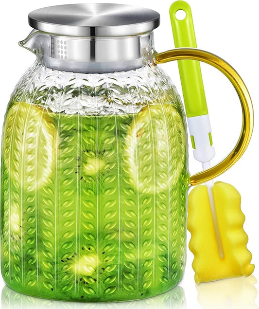 Aofmee 60oz Glass Pitcher, Water Pitcher with Lid, Iced Juice Jugs for Fridge, Glass Carafe for Cold or Hot Beverages, Sun Tea Jar, Easy Clean Heat Resistant Glass Jug for Milk