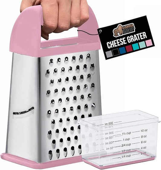 GORILLA GRIP 4-Sided 100% BPA-Free Cheese Grater With Container, Stainless Steel XL Box Graters, Parmesan Shredder, Grate Cheeses, Shred Veggies, Slip Resistant Handle, Dishwasher Safe Zester, Pink