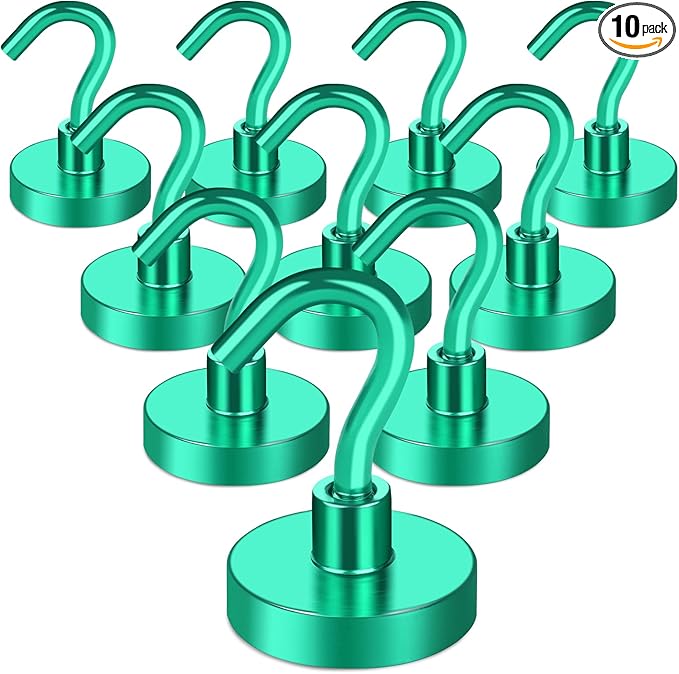 MIKEDE Magnetic Hooks, 40Lbs+ Heavy Duty Magnet Hooks for Cruise Cabins, Super Neodymium Hanging Hooks Strong Magnets with Hook for Fridge, Magnetic Hanger for Grill, Toolbox, Storage(Green, 10 Pack)
