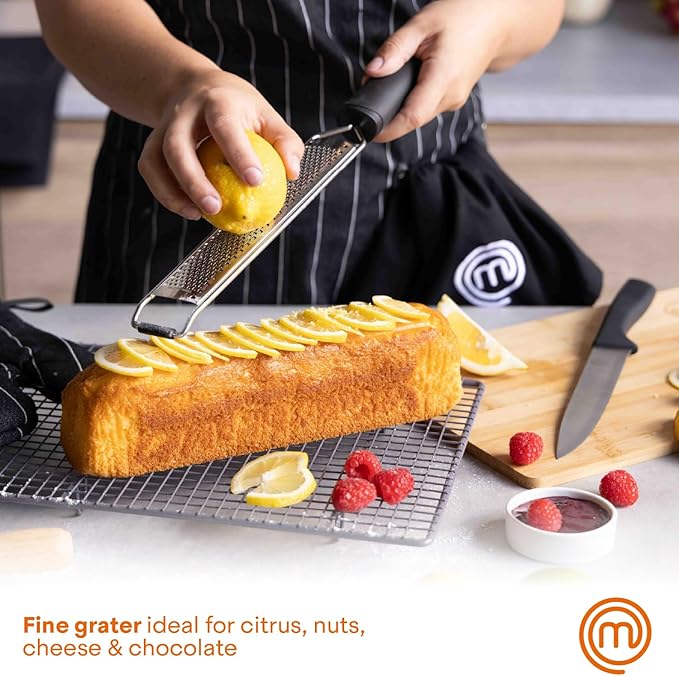 MasterChef Zester Grater with Handle, Kitchen Tool for Zesting Citrus Fruits & Finely Grating Parmesan Cheese, Garlic, Ginger, Coconut, Nutmeg, Wasabi, Chocolate etc, Stainless Steel