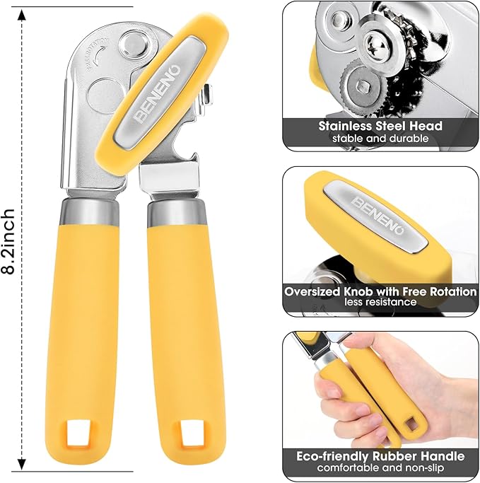 Beneno Can Opener Manual with Magnet, Hand Held Heavy Duty Can Opener with Durable Sharp Blade Smooth Edge, Big Effort-Saving Knob, Soft Grip Rubber Handle, Multifunctional Bottle Opener, Yellow