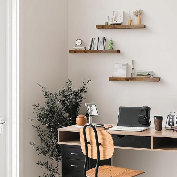 Colima 3-Pack Contemporary Wood Floating Shelves, 24 Inch, Wall-Mounted, 1.3 Inch Thick, 50 lb Capacity Each, Set of 3