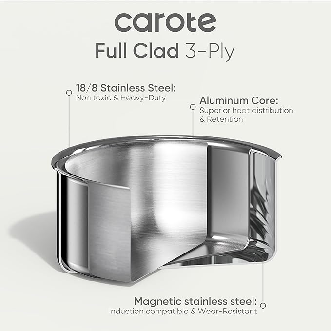 CAROTE 10pcs Stainless Steel Cookware Set with Detachable Handle, Pots and Pans Set, Induction Kitchen Cooking Sets, RV/Camping Cookware, Removable Handle, Oven Safe, Woodgrain