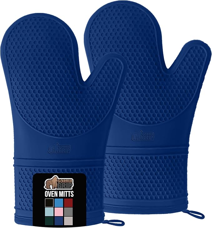 GORILLA GRIP BPA-Free Soft Silicone Oven Mitts, Heat Resistant and Waterproof Cooking Gloves, Thick Cotton Lining, Flexible Gripping for Baking Grilling, Kitchen Potholders Set of 2, 12.5x8.3, Blue