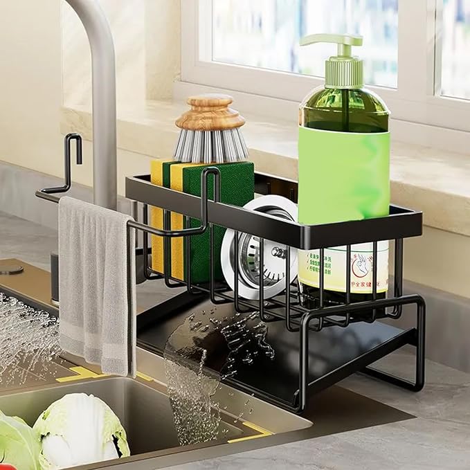 Sponge Holder for Kitchen Sink, Sink Caddy with Dishcloth Rack, Kitchen Sink Storage Rack Organizer Countertop Rustproof, Soap Dispenser Organizers and Storage Essentials