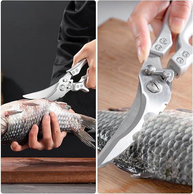 Poultry Shears Heavy Duty Professional, Multipurpose Kitchen Shears with Sheath, Spring-Loaded Stainless Steel Chef Scissors Cutting Bone, Chicken, Fish, Food, Meat, Full Steel Handle Brown