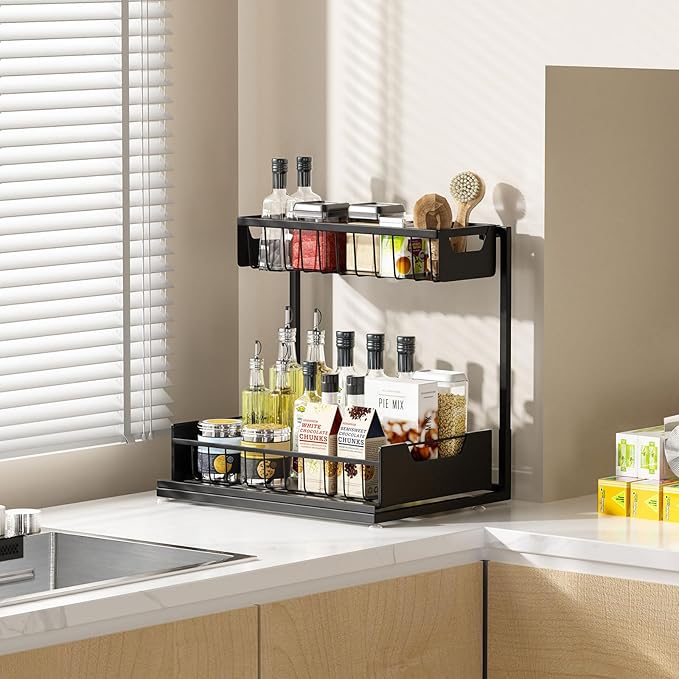 Under Kitchen Sink Organizers and Storage Pull Out 2 Tier Metal Bathroom Cabinet Organizer (Black, 2 Pack)
