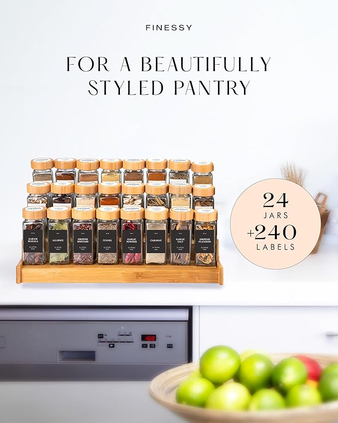 Bamboo Glass Spice Jars with Label and Shaker Lids Clear Empty 4oz 24 Pack Bottles Set, Square Glass Spice Containers with Labels Black, Seasoning Organizer Jars, Seasoning Containers with Labels Set