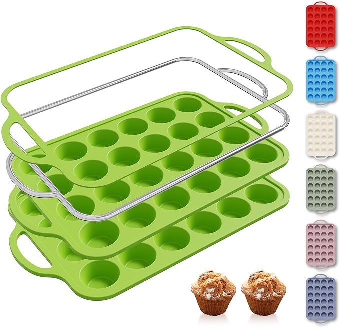 2 Packs 24 Cups Silicone Muffin Pan with Metal Reinforced Frame Mini Size Cupcake Pan Tray Egg Bites Silicone Circle Cookie Molds Muffin Tin Tart Pans Baking Sheet Set for Breakfast Sandwiches
