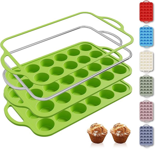 2 Packs 24 Cups Silicone Muffin Pan with Metal Reinforced Frame Mini Size Cupcake Pan Tray Egg Bites Silicone Circle Cookie Molds Muffin Tin Tart Pans Baking Sheet Set for Breakfast Sandwiches