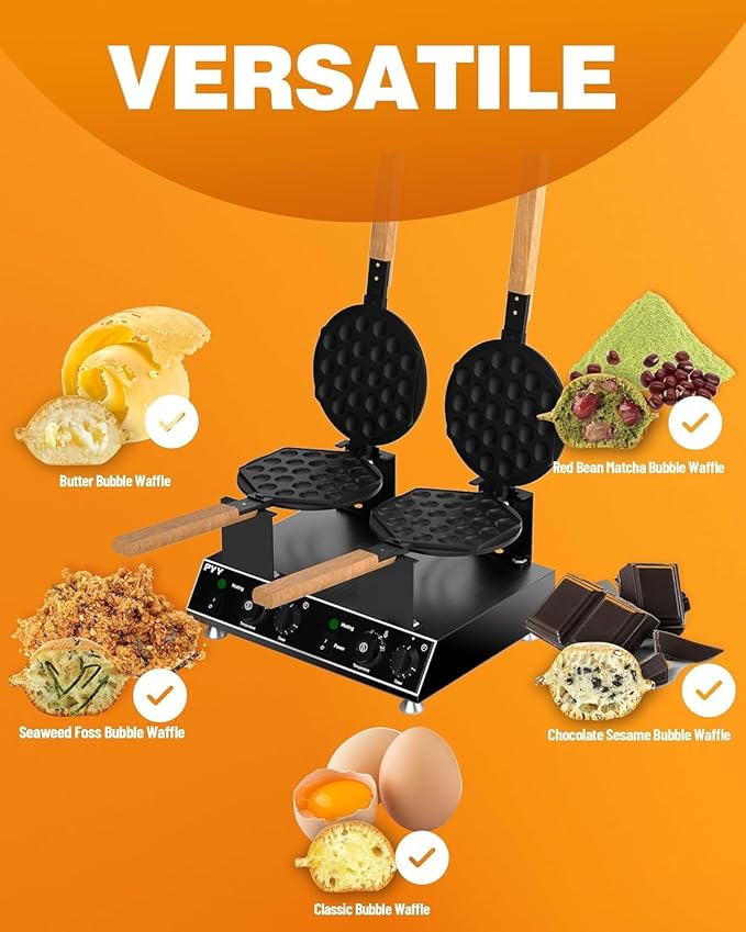 PYY Bubble Waffle Maker - Easy Clean，Double 180° Rotate, Non-stick, 1500W, 110V, 50-250℃, Commercial & Home Use, Stainless Steel