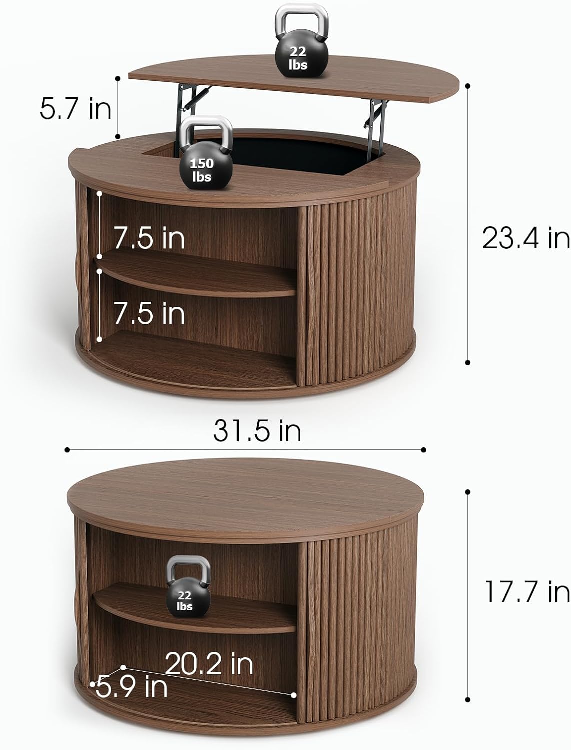 Lift Top Coffee Table,31.5” Mid Century Modern Center Table with Hidden Storage,Round Fluted Coffee Tables for Living Room, Home Office,Walnut