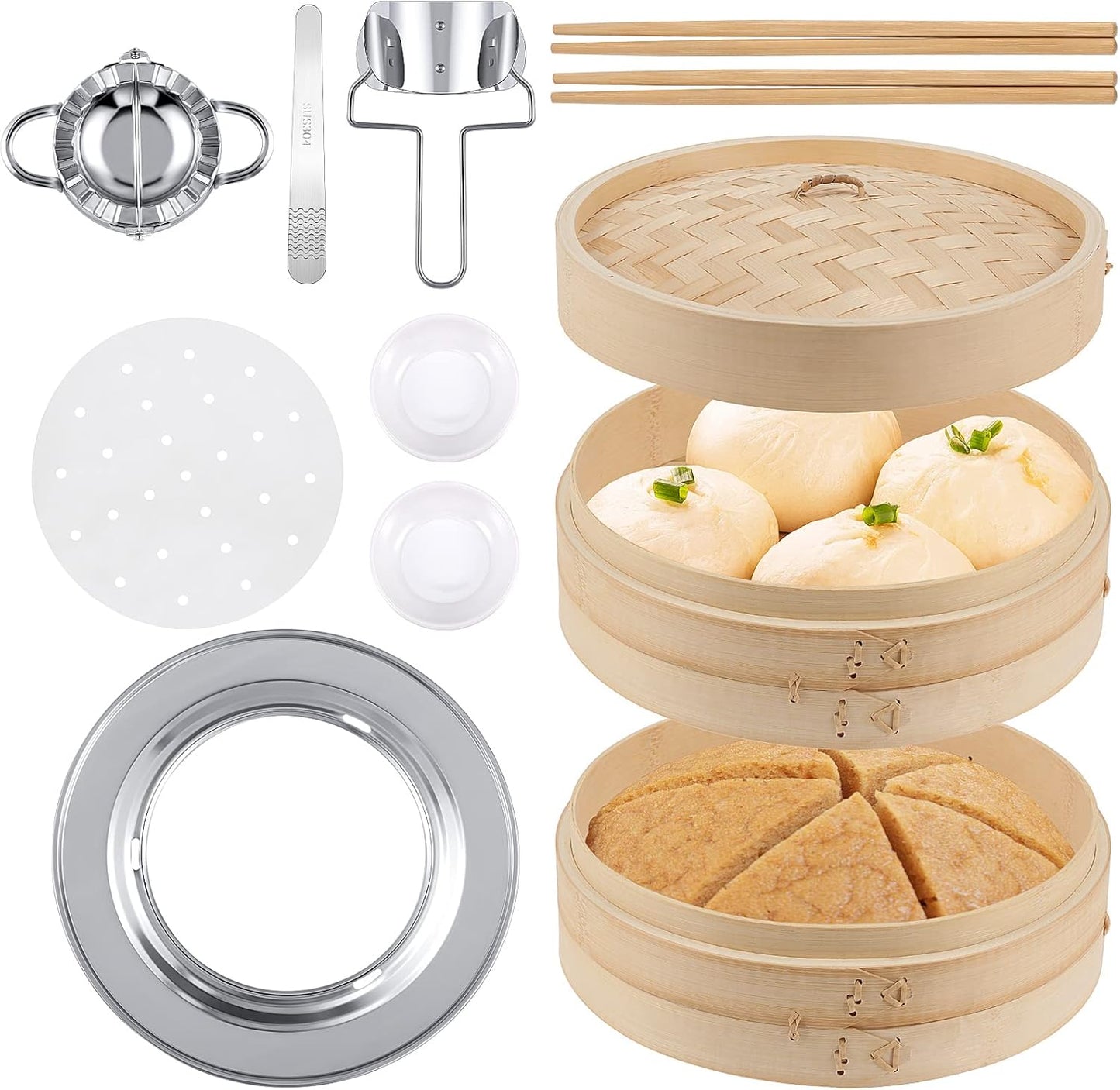Tessco for you 59 Pcs 2 Tier 12 Inch Bamboo Steamer Basket Set Including Bamboo Steamer Stainless Steel Ring Dumpling Maker Mold and Cutter Spoon 2 Pair Chopsticks 2 Sauce Dish 50 Paper Liners