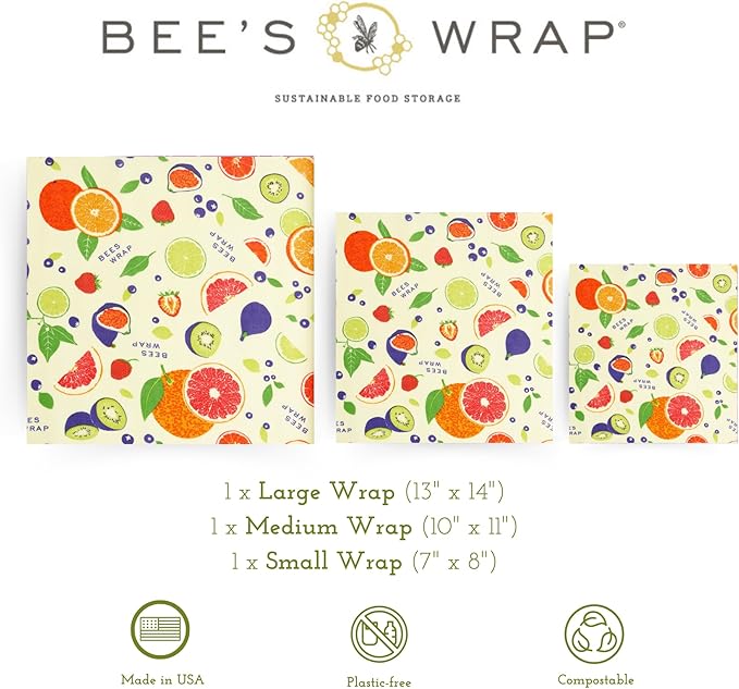 Bee's Wrap Beeswax Wraps for Food - Fresh Fruit 3 Pack (S, M, L) Made in USA Reusable & Organic Food Wraps, Sandwich Wrap & Bowl Covers - Eco-Friendly Alternative to Aluminum Foil & Plastic Wrap