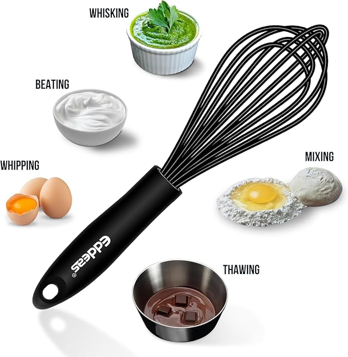 Silicone Whisk,Non Scratch Whisk for Cooking, 5+7+9+11in Balloon Whisks, Suitable for Mixing, Blending Whipping.11in Flat Whisks great for Ceramic Coated pans and Wider shallower pots.