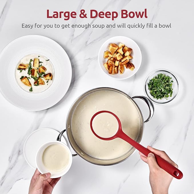 13 inch Silicone Soup Ladle: U-Taste 600ºF Heat Resistant 4 oz Large Non-stick Seamless Rubber Kitchen Deep Serving Spoon with Non Slip Solid Long Handle for Cooking Sauce/Stews/Gravies/Chili (Red)