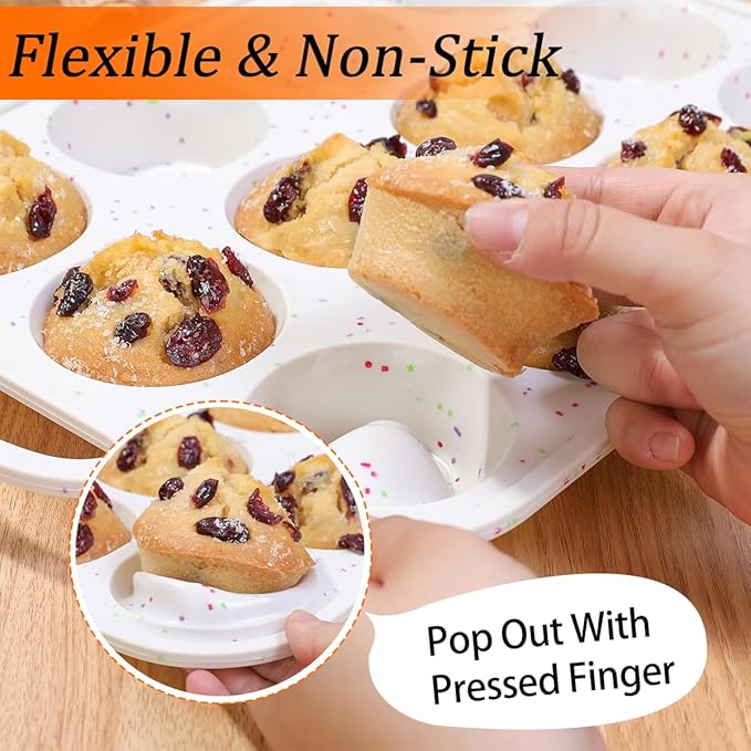 Silicone Muffin Pan, Metal Reinforced Frame Regular Size 2.8 Inch Cupcake Pan with Handle 12 Cups Nonstick Muffin Tray for Baking BPA Free 1 Pack Confetti
