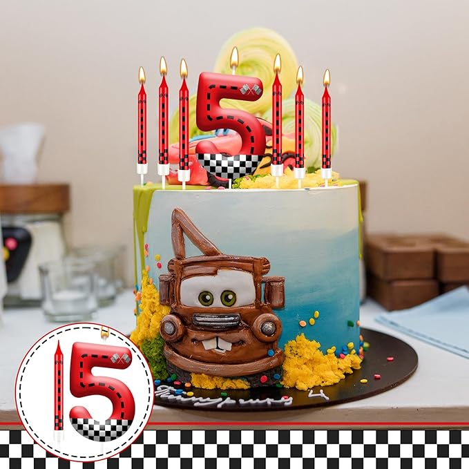 13PCS Racing Car Theme Birthday Candle Set with Checkered Flag Design - Durable Cake Topper for Race Car Party Decorations, Kids Birthday Supplies - Number 5 Candle for Racing-Themed Celebrations