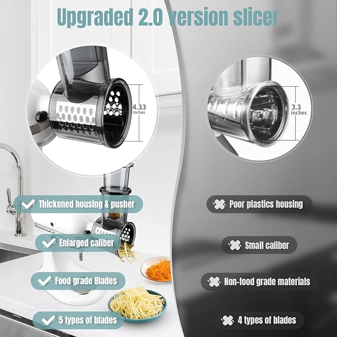 Stainless Steel Slicer Shredder Attachments for KitchenAid Stand Mixers, Vegetable Shredder, Cheese Grater, Salad Maker, Food Slicers Chopper Grinding Powder Accessories with Detachable 5 Blades