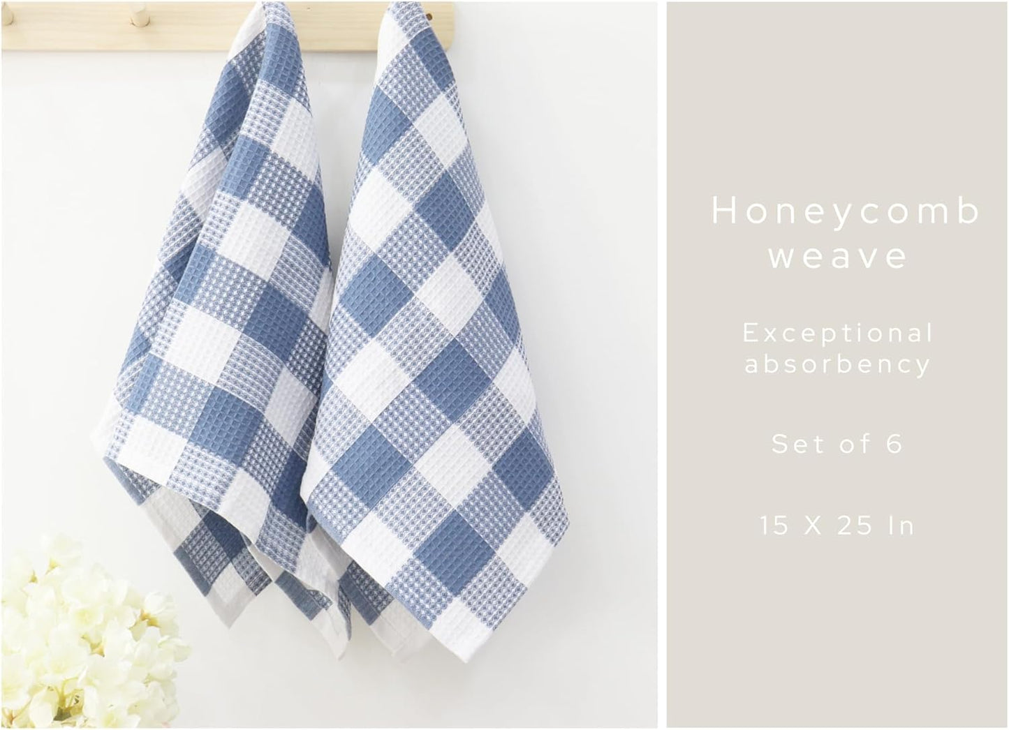 PurpleEssences 100% Cotton Waffle Weave Check Plaid Kitchen Towels, Super Soft and Absorbent Dish Towels for Drying Dishes 15 x 25-6 Pack - Spring Summer - Smoky Grey and White