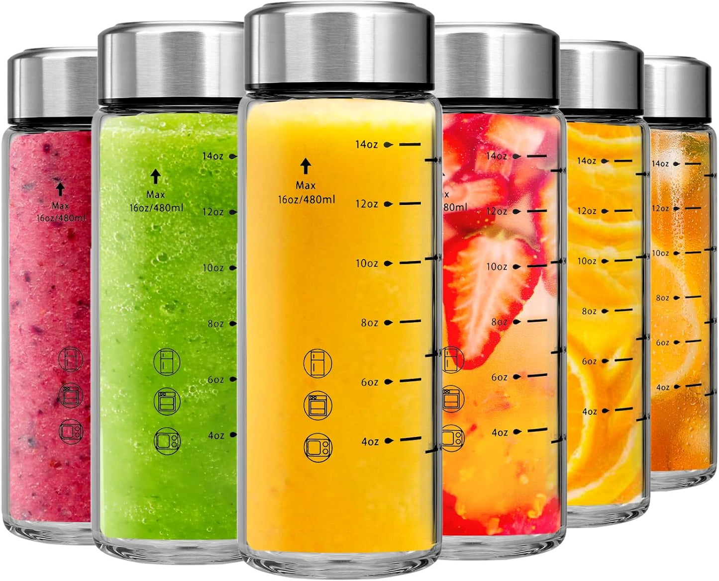 Glass Juice Bottles 6 Pack 16 oz - Wide Mouth Glass Water Bottles with Lids - Borosilicate,Stainless Steel Lids for Juicing, Smoothies, Infused Water, Beverage Storage, Leakproof, Reusable, BPA Free