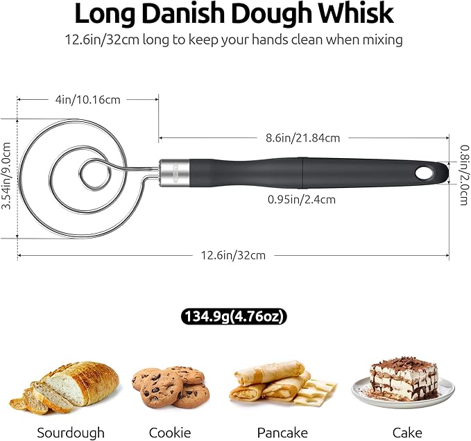 U-Taste 12.6" Danish Dough Whisk: 18/8 Stainless Steel Heavy-Duty Sourdough Mixer Tool, Food Grade Dutch Style Seamless Bread Wisk, Sturdy for Mixing, Stirring, Pressing, Kneading Thick Batter (Black)