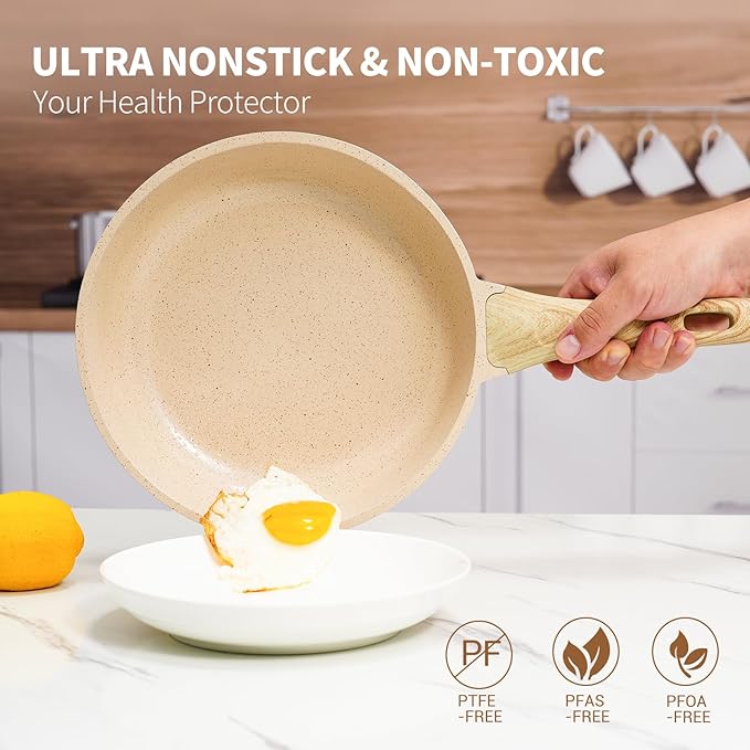 ZHANG XIAO QUAN SINCE 1628 Pots and Pans Set with Lids, 14 PCS Cast Aluminium Non Stick Ceramic Coating Granite Cookware Set, Non-toxic Kitchen Essentials, Beige