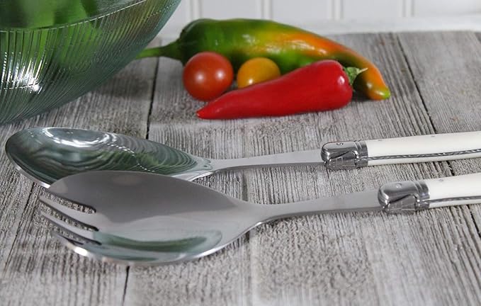French Home Laguiole Connoisseur (Faux Ivory) Salad Servers 2 Piece Set — Stainless Steel Flatware Set — Salad Serving Utensils — Silverware Set Spoon and Fork Set — Dining Utensils Set