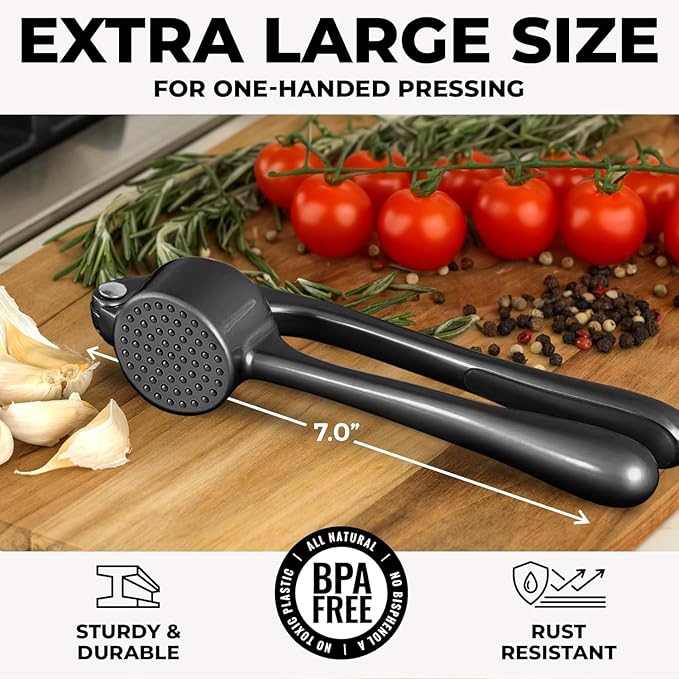 Zulay Kitchen Large Premium Garlic Press Set - Bigger Bowl for Bigger Garlic - Rust Proof & Dishwasher Safe Garlic Mincer Tool - Easy-Squeeze, Easy-Clean Silicone Garlic Peeler & Brush (Dark Gray)