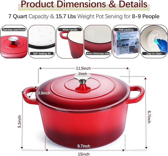 E-far 7QT Enameled Dutch Oven, Cast Iron Dutch Oven Pot with Lid for Cooking/Bread Baking/Braising/Roasting/Stewing, Heavy Duty Round Nonstick Cookware Safe for Induction & Oven - Red