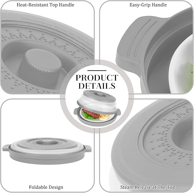 10.7 Inch Microwave Food Cover with Heat Insulation Mat, Anti-Scald Collapsible Microwave Splatter Cover, Multi-Functional as Colander & Fruit Plate, Dishwasher Safe, Ideal for Meal Prep (Gray)