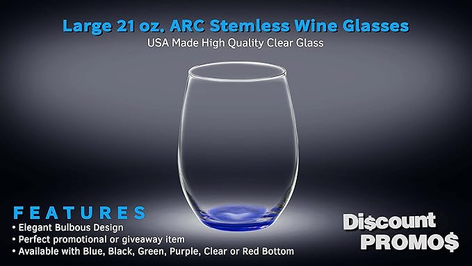 DISCOUNT PROMOS 10 ARC Stemless Wine Glasses Set, 21 oz. - Chardonnay, Cabernet, Merlot, Sauvignon - Blue