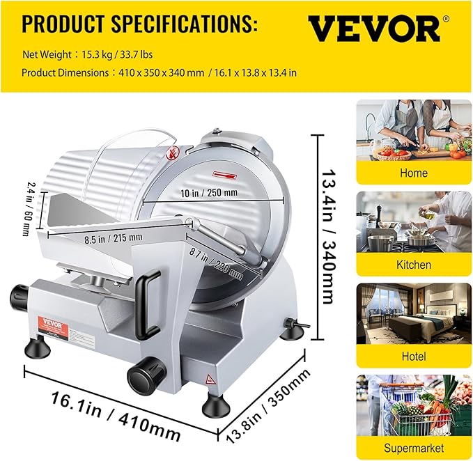 VEVOR Commercial Meat Slicer, 10 inch Electric Food Slicer, 240W Frozen Meat Deli Slicer, Premium Chromium-plated Steel Blade Semi-Auto Meat Slicer For Commercial and Home use