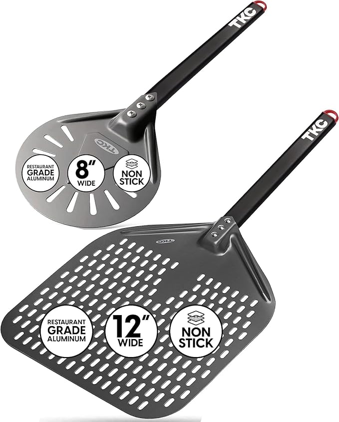 TKC 12", 8" Perforated Pizza Peels - Professional Aluminum Pizza Turning peel - Long Handle Metal Pizza Spatula for Indoor and Outdoor - Lightweight Non-Stick Pizza Turner - Pizza Oven Accessories