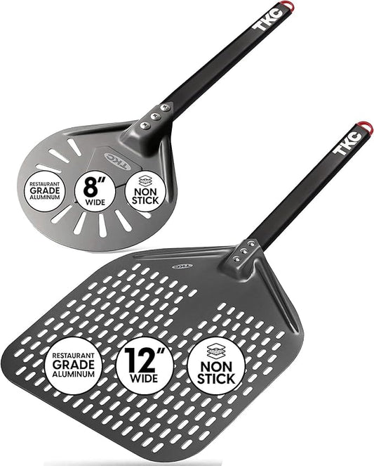 TKC 12", 8" Perforated Pizza Peels - Professional Aluminum Pizza Turning peel - Long Handle Metal Pizza Spatula for Indoor and Outdoor - Lightweight Non-Stick Pizza Turner - Pizza Oven Accessories
