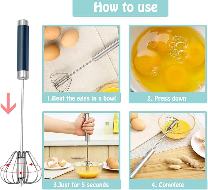 Semi-automatic Whisk, Stainless Steel Egg Beater, Hand Push Rotary Whisks Mixer Stirrer for Making Cream, Whisking, Beating and Stirring (3 Color)