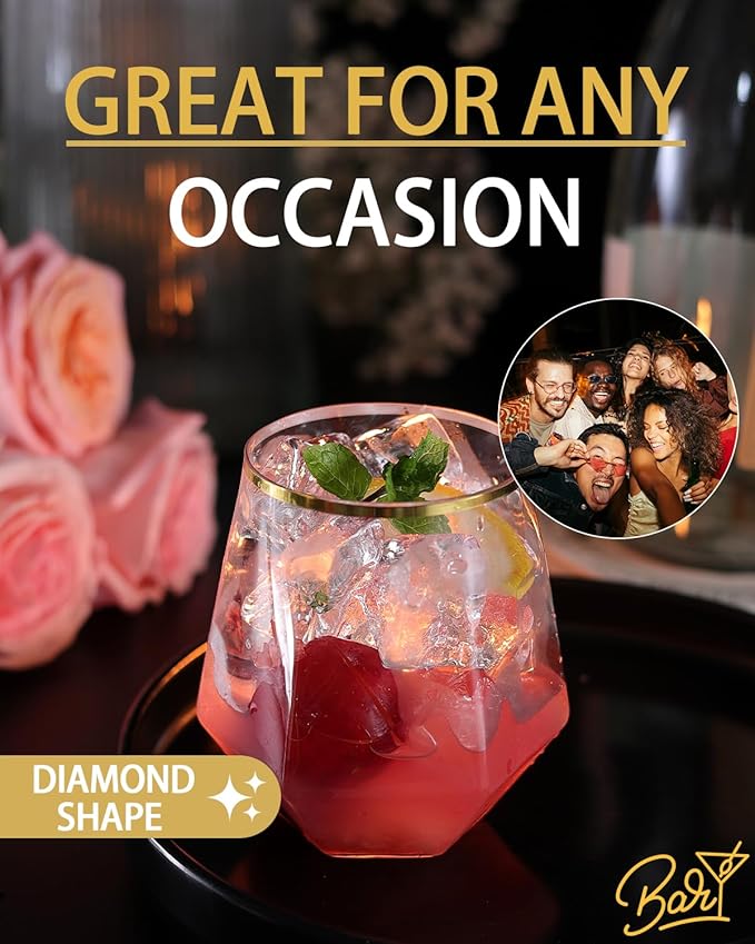 40 Pcak Plastic Stemless Wine cocktail Whiskey Champagne Glasses, 12 Oz Gold Rim Disposable Clear Unbreakable Cups for Party Bars Wedding Tasting (Diamond-shaped)