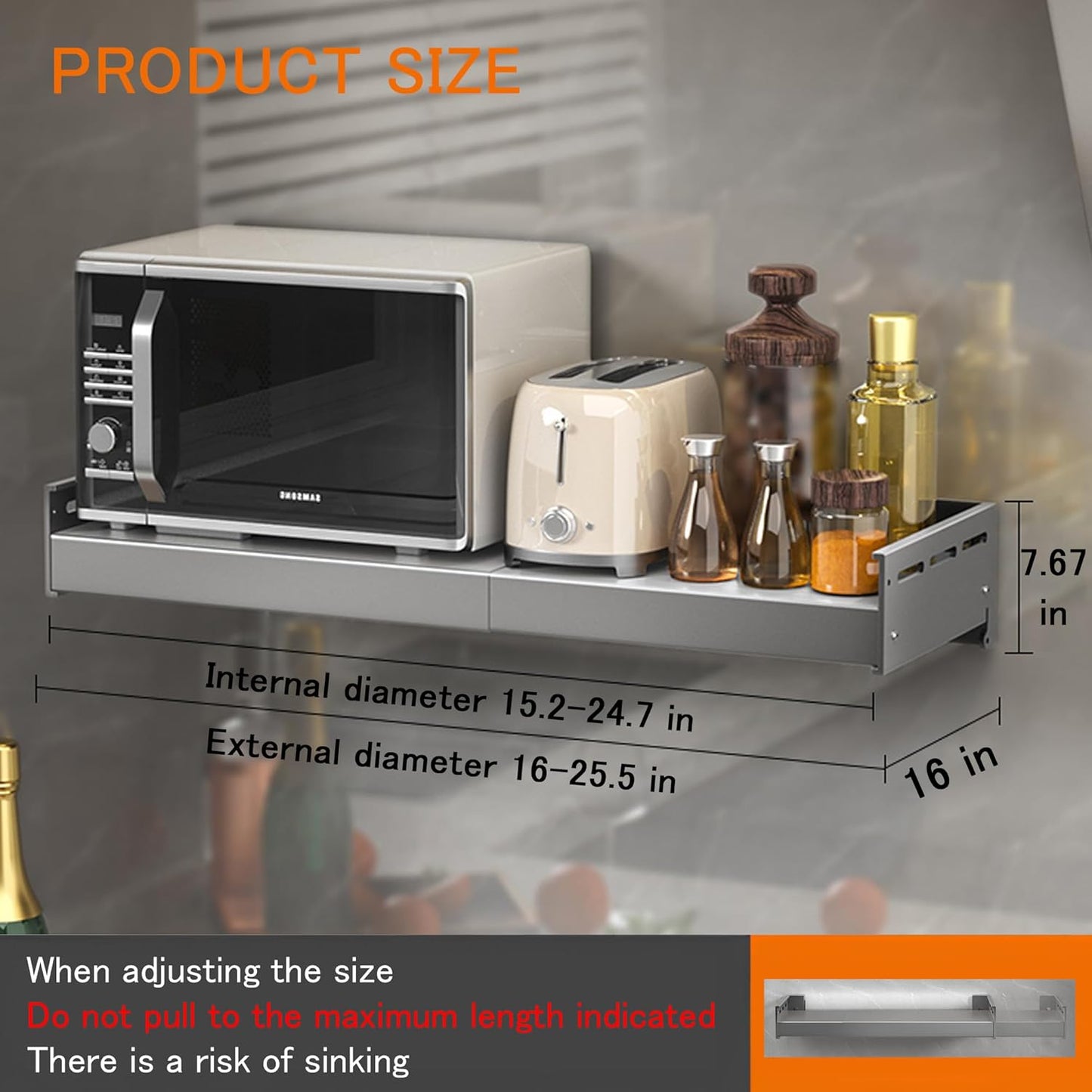 Retractable Stainless Steel Wall Rack, Countertop Multifunctional Storage Bracket, Kitchen Seasoning Rack for Electric Oven Microwave (16"25.5" Gun Gray)