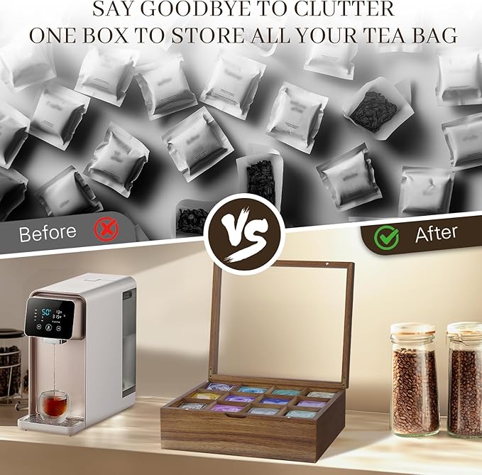 Acacia Wood Tea Bag Organizer, 12 Compartments Tea Box Organizer Storage Box, Teabag Holder Organizers with Clear Acrylic Window, Magnetic Lid and Removable Dividers