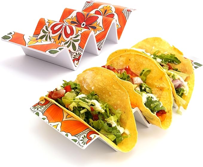 TP Taco Holder Stands, Set of 2 Melamine Large Taco Serving Rack Tray with Handle, Holds 3 Tacos, Dishwasher Safe, Ideal for Taco Night, Party, Home, Fiesta, Talavera Bloom