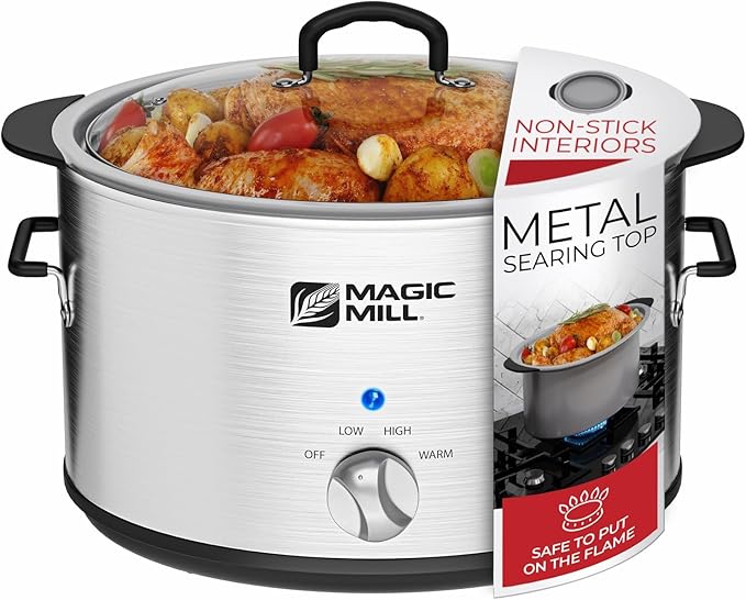 Magic Mill Slow Cooker 10 Quart | Extra Large Non-Stick Metal Searing Pot & Transparent Tempered Glass Lid Multipurpose Lightweight Slow Cookers, Pot is Safe to Put the On the Flame, Dishwasher Safe