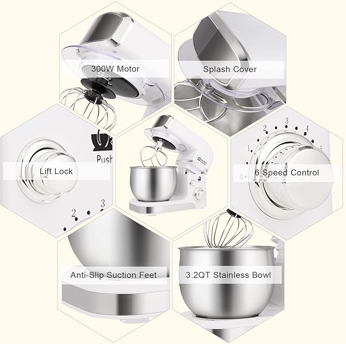 Kitchen in the box Stand Mixer,3.2Qt Mini Electric Food Mixer,6 Speeds Portable Lightweight Kitchen Mixer for Daily Use with Egg Whisk,Dough Hook,Flat Beater (White)