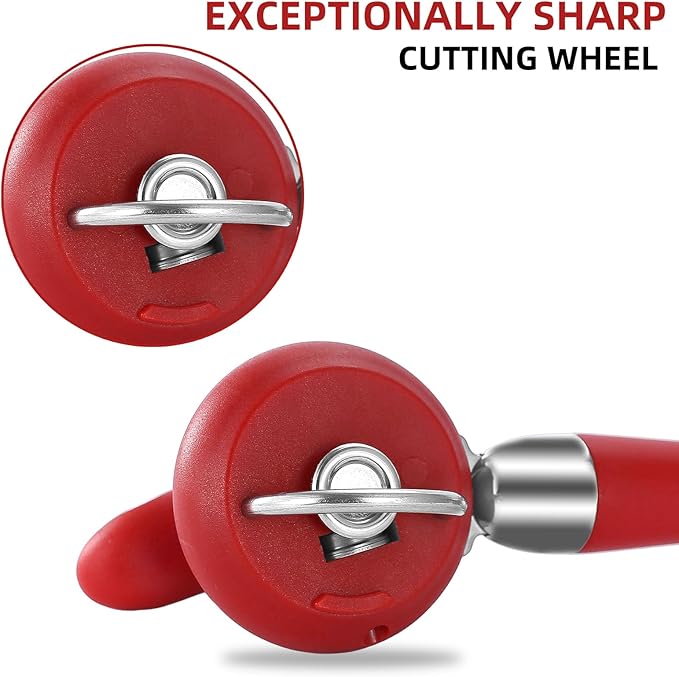 Can Opener Manual Tin Opener Stainless Steel Heavy Duty, Oversized Hand-held Easy Rotary Knob, Safe Cut Manual Can Opener with Non-Slip Handle, Smoother Cut Sharp Blade for Seniors Kitchen Tool, Red