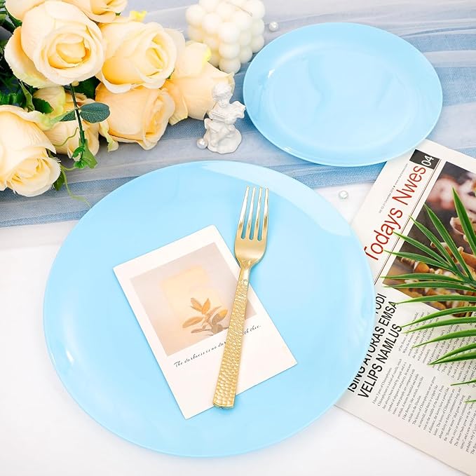 KIRE 60PCS Blue Plastic Plates Disposable - Heavy Duty Light Blue Plates Include 30Pcs 10.25” Dinner Plates and 30Pcs 7.5” for Dessert/Salad in Baby Shower/Picnic