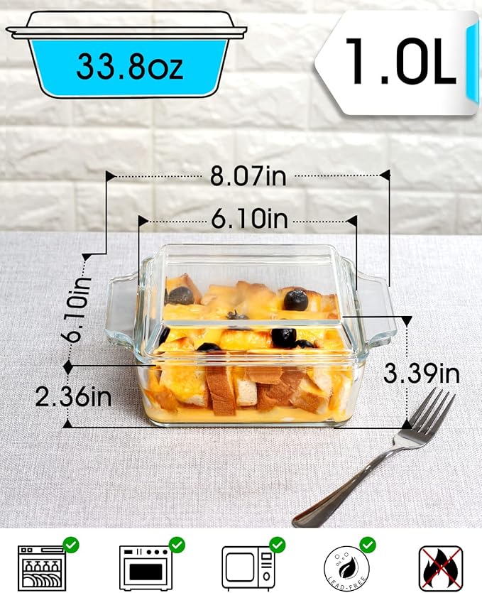 NUTRIUPS 6x6 Inches Square Glass Casserole Dish With Glass Lid - Microwave Safe Bakeware for Cooking